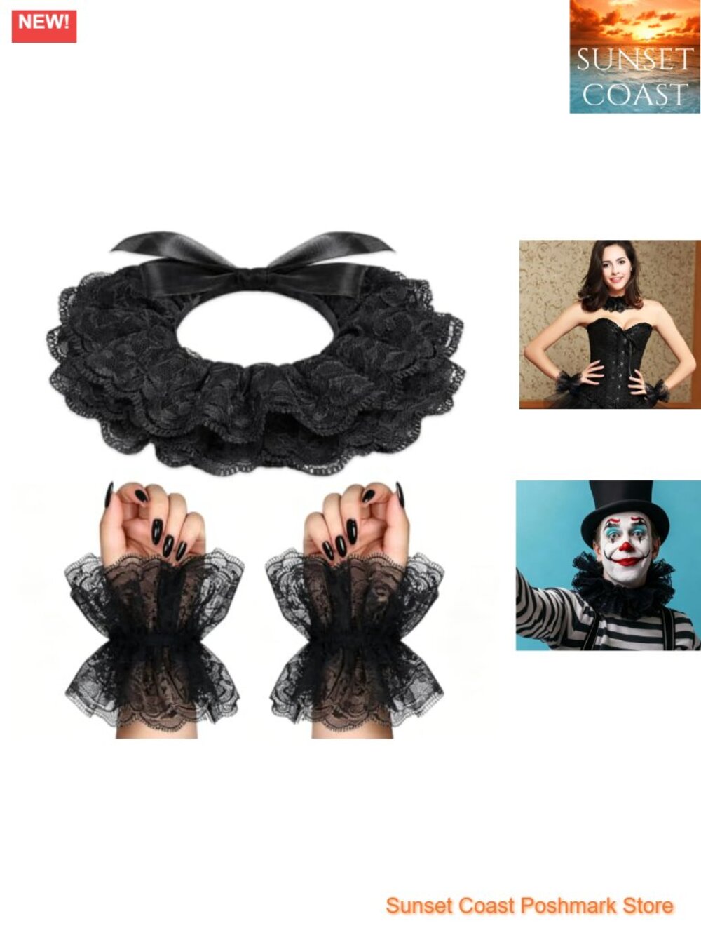 Lace Neck Ruffle Collar Cuffs Set Elastic Floral Layered Costume Accessories